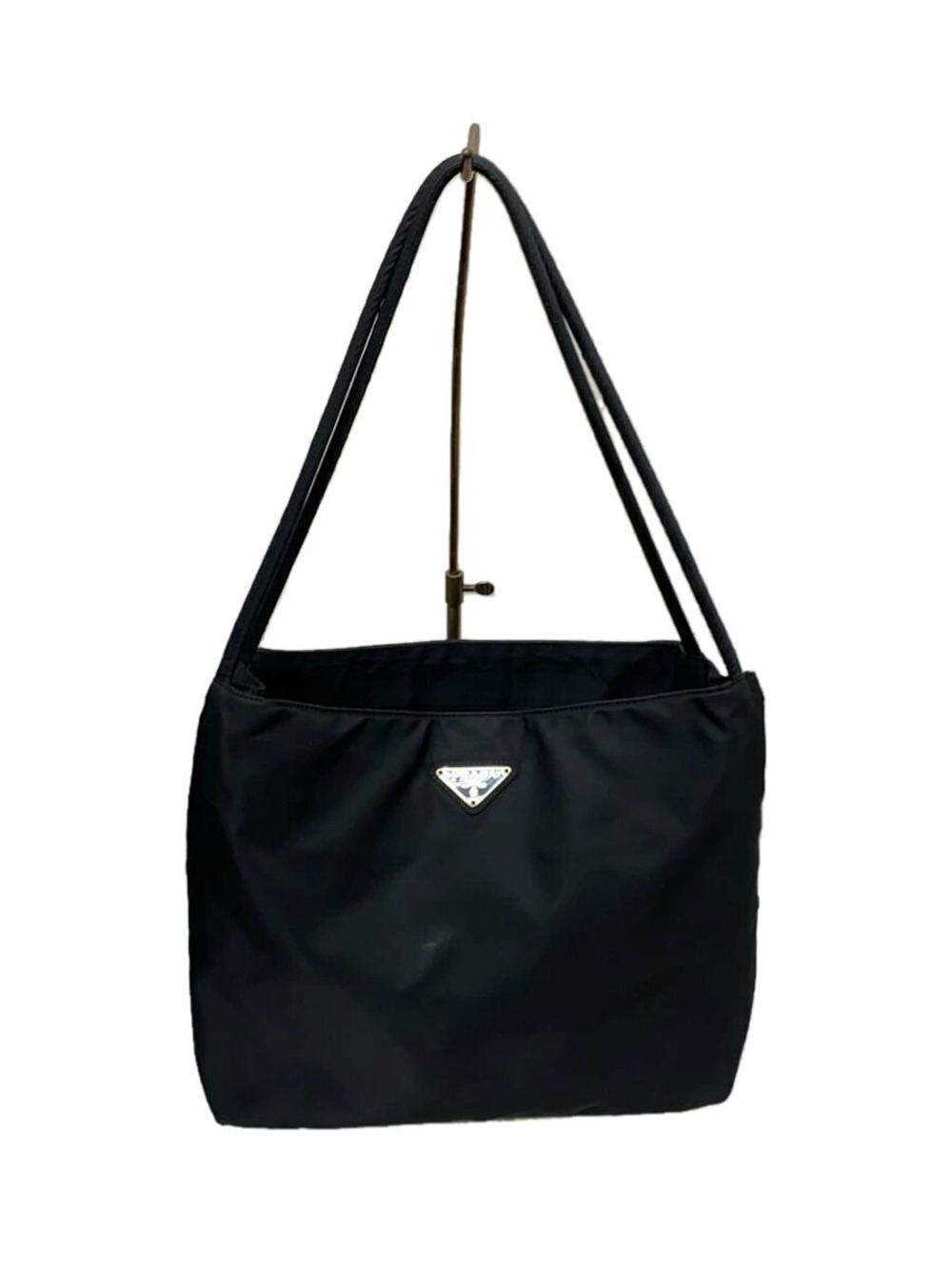 Prada Tessuto shoulder bag silvertone enameled triangle Black